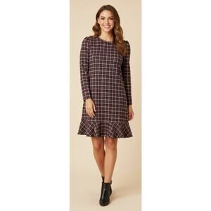 Anne Klein Women XL Red/ Gold Houndstooth Flare Hem Puff Sleeve Fall Dress